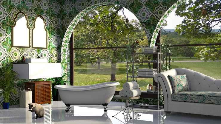 Splendido bagno con vetrata sul verde