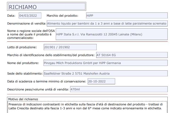 Richiamo alimentare latte per neonati