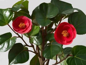camelia con foglie e fiori aperti