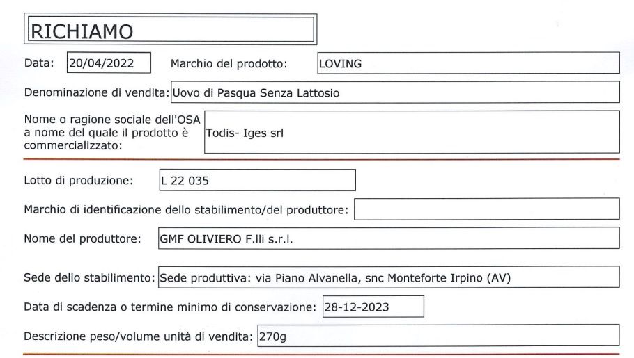 richiamo alimentare 