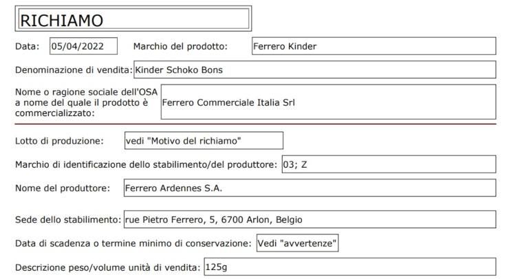 richiamo alimentare