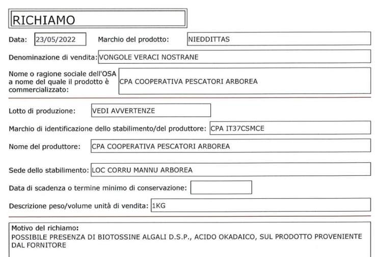 richiamo alimentare scheda prodotto 