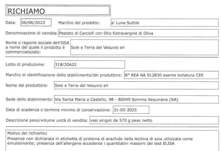 scheda richiamo alimentare 