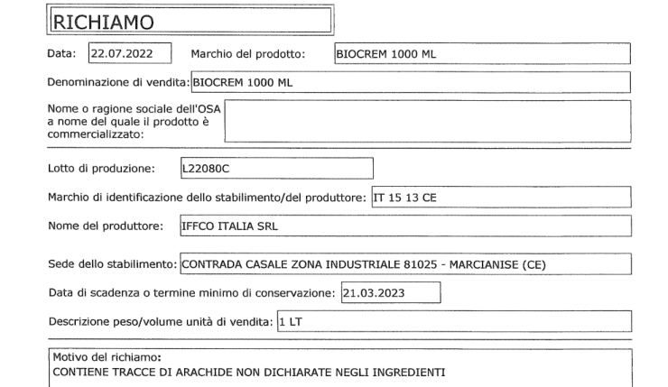 crema vegetale richiamo alimentare