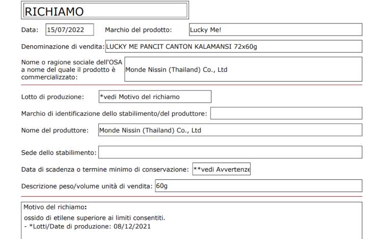 richiamo alimentare noodles istantanei