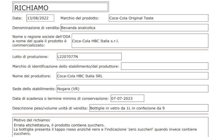 richiamo alimentare per coca cola