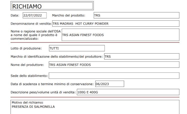 richiamo alimentare salmonella