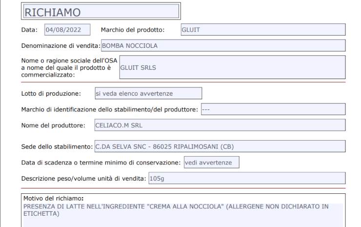 bomba alla nocciola ritirata