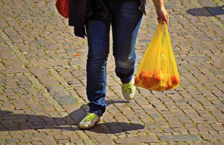 Una persona con in mano un sacchetto di plastica