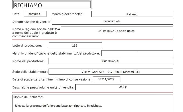 scheda richiamo alimentare cannoli