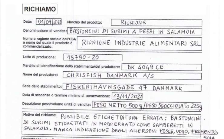 richiamo alimentare etichetta errata