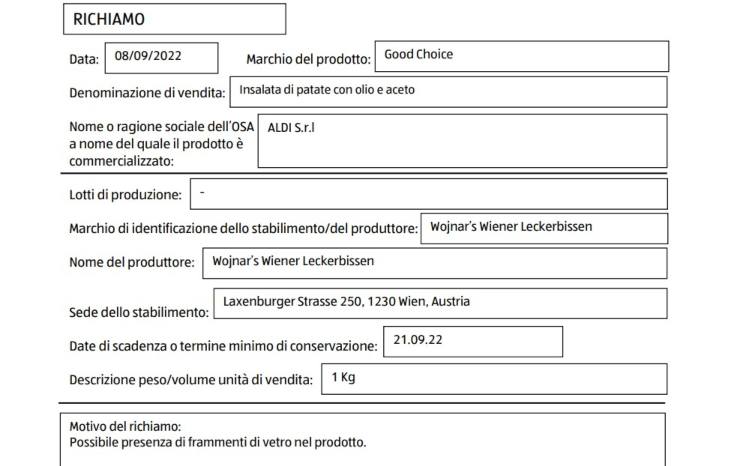 Scheda richiamo alimentare insalata