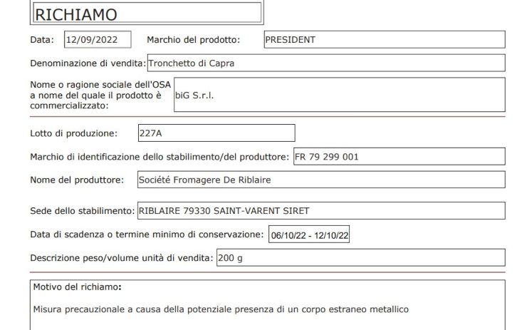 richiamo alimentare carne di capra