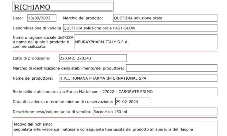 scheda richiamo alimentare