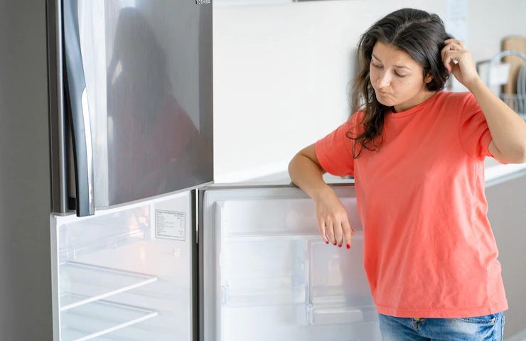Una donna accanto al congelatore appena pulito