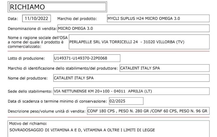 scheda richiamo integratori