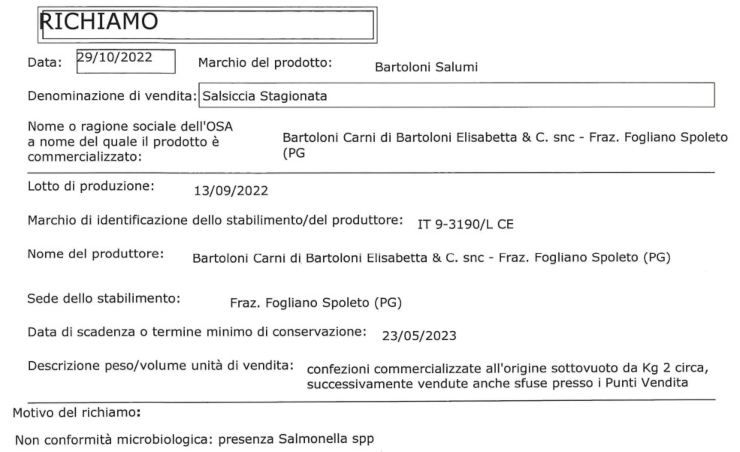 scheda richiamo salsicce