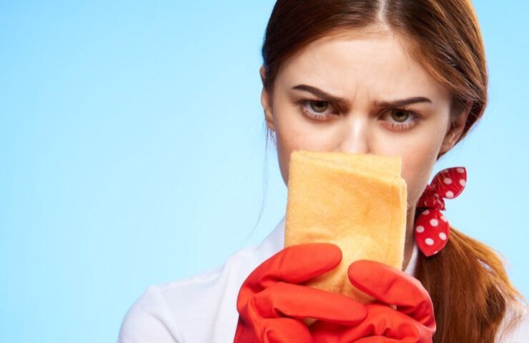 Una donna mentre fa le pulizie in casa