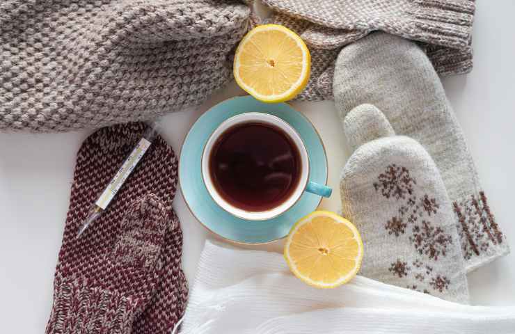 Una tisana con un termometro e due mezzi limoni