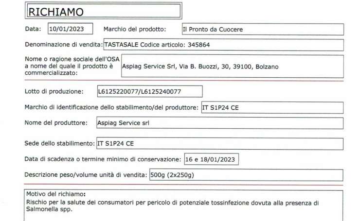 scheda richiamo salmonella