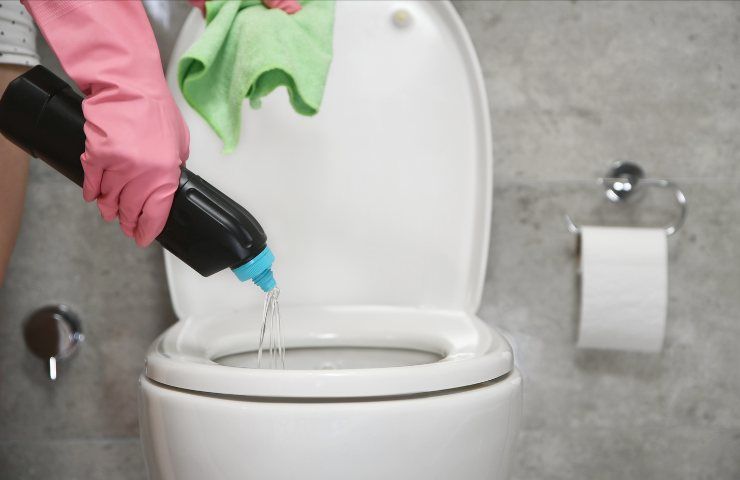 Une personne nettoyant une cuvette de toilettes sale