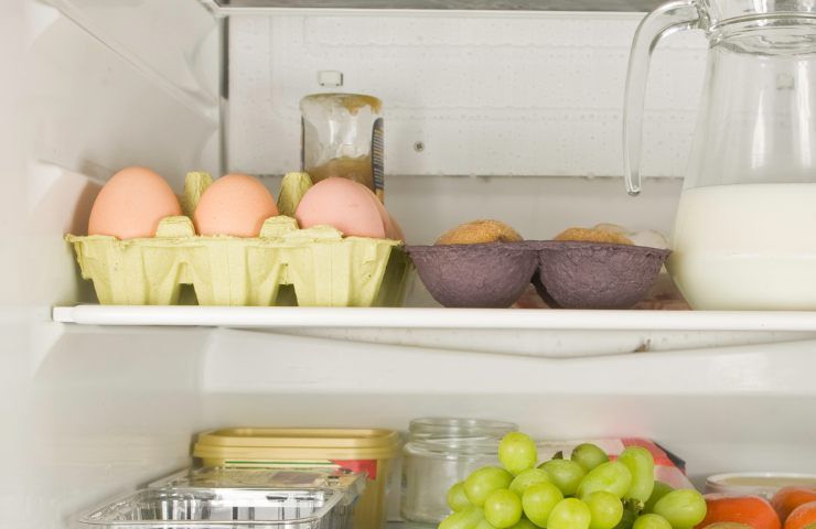 Delle uova nel loro contenitore in frigorifero