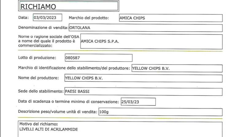 Scheda richiamo alimentare patatine