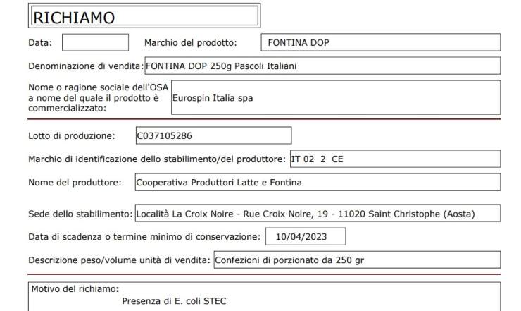 Scheda richiamo formaggio