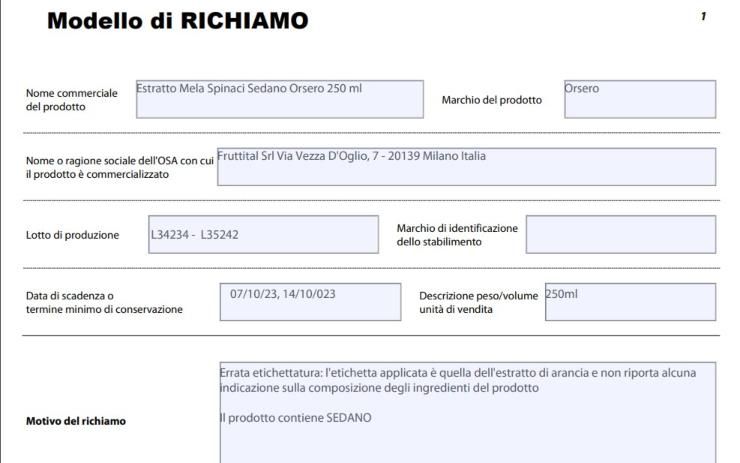 Scheda richiamo alimentare estratto