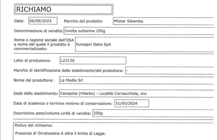 Scheda richiamo alimentare uvetta