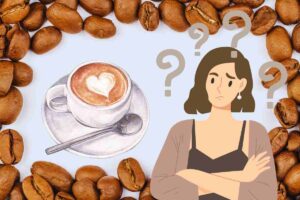 chicchi di caffè grafica tazzina di caffè e donna con punti interrogativi