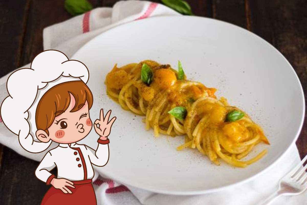 spaghetti cremosi con datterini gialli