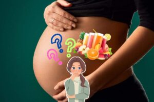 sullo sfondo pancione di una donna incinta, in primo piano disegno di una donna, punti interrogativi e succhi di frutta assortiti