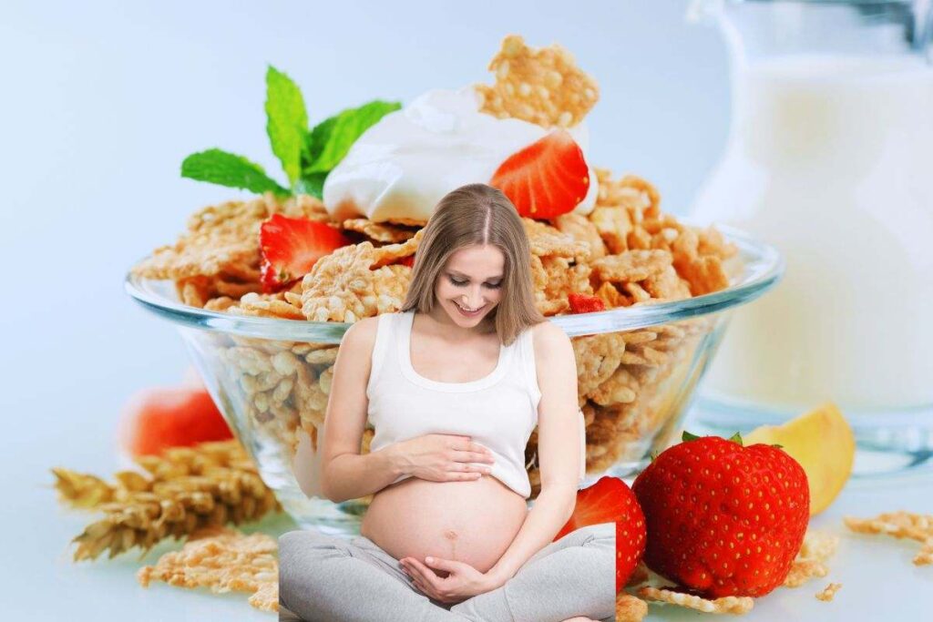 sullo sfondo tazza di cereali con fragole e yogurt in primo piano donna in gravidanza
