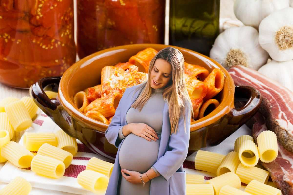 pasta all'amatriciana con ingredienti e donna incinta