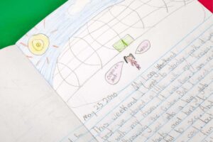 quaderno di un bambino con scrittura e disegni