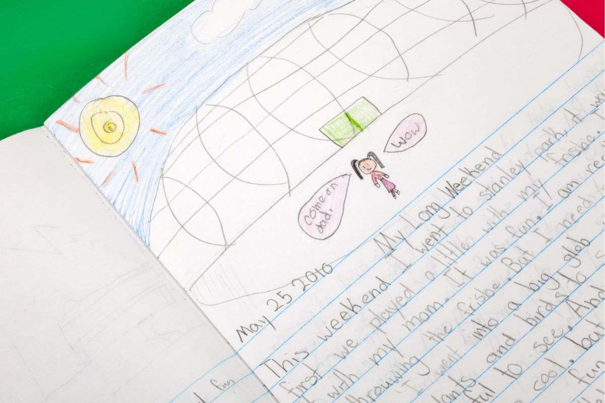 quaderno di un bambino con scrittura e disegni