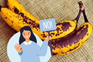 grafica con ragazza, cartello no, foto banane mature