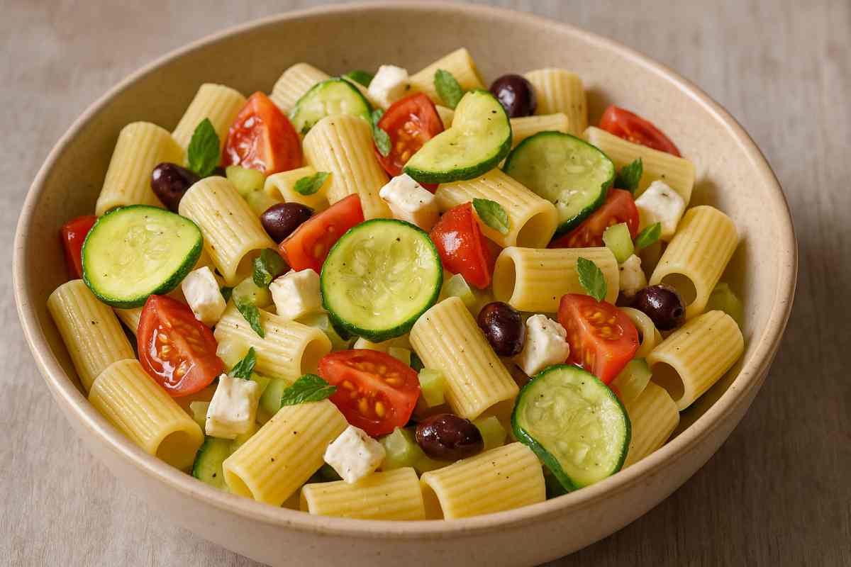 pasta fredda con zucchine, feta, oliva, meta e pomodorini