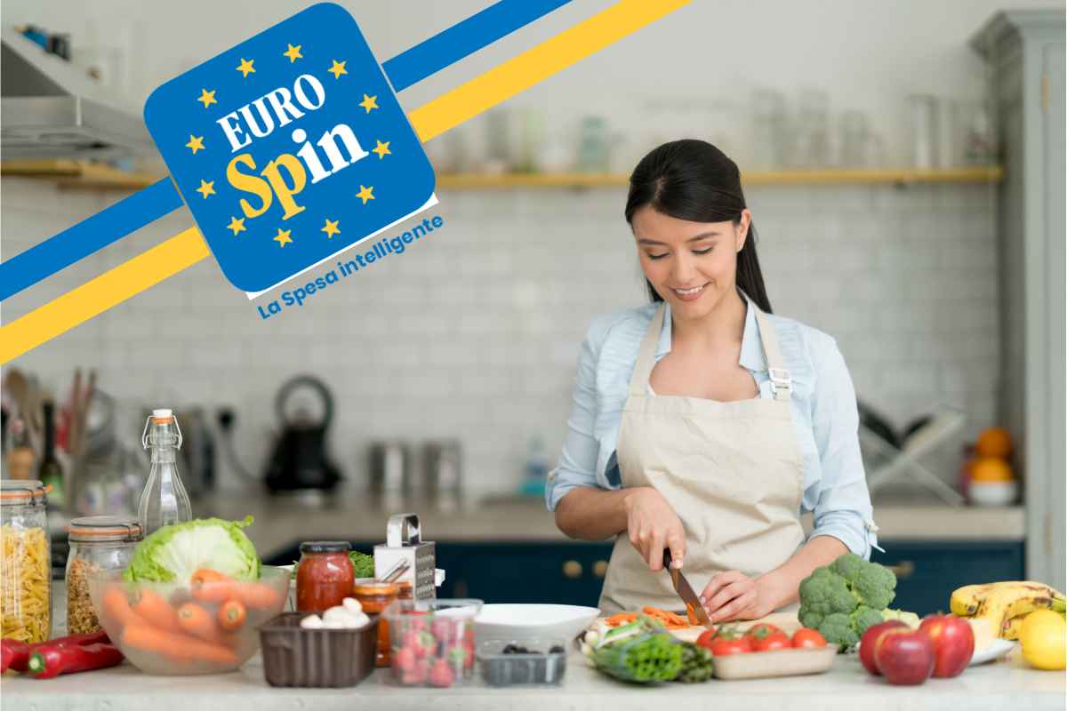 Una donna che cucina ed il logo di Eurospin
