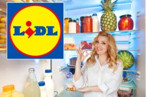 frigorifero colmo di cibi, logo Lidl e donna che fa segno ok
