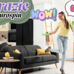 donna felice che pulisce casa ordinata, scritta grazie eurospin, scritta wow, cuoricino