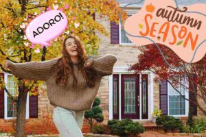 donna felice, nuvoletta fumetto Adoro! grafiche autumn season casa alberi