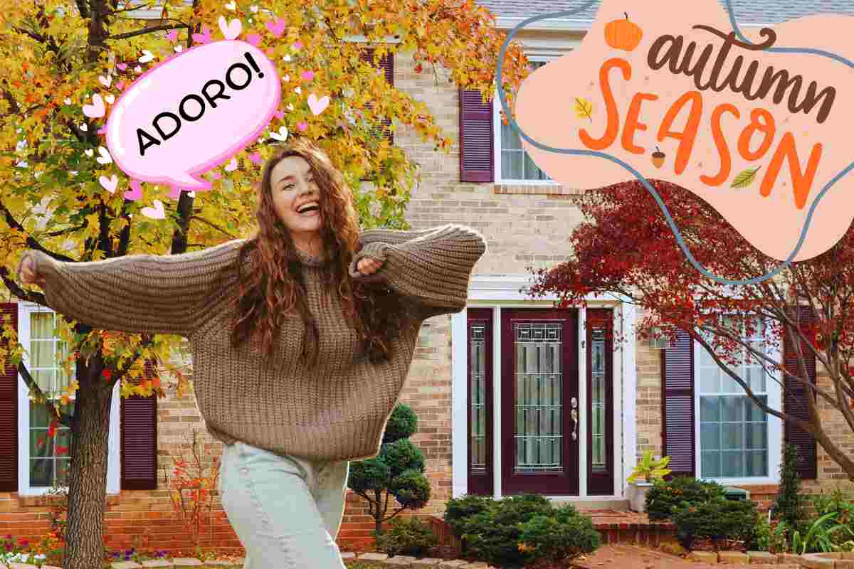 donna felice, nuvoletta fumetto Adoro! grafiche autumn season casa alberi