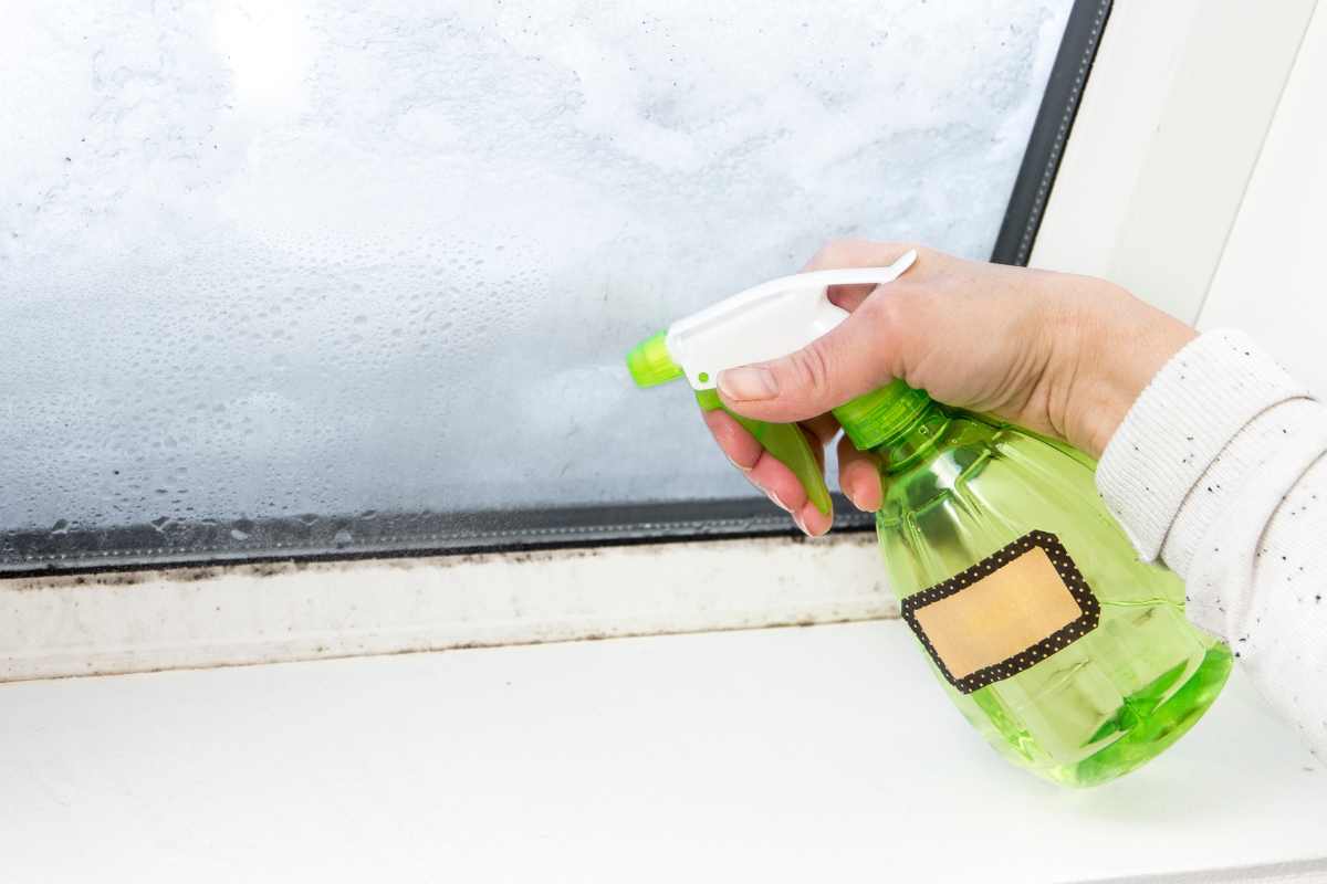 una mano spruzza sui vetri spray a base di acqua e aceto