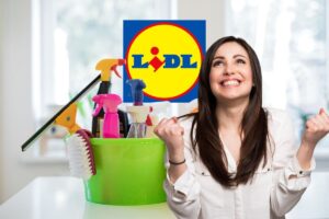donna felice con secchio detersivi pulizie e logo lidl