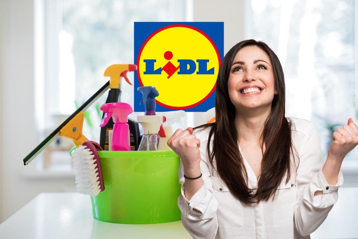 donna felice con secchio detersivi pulizie e logo lidl