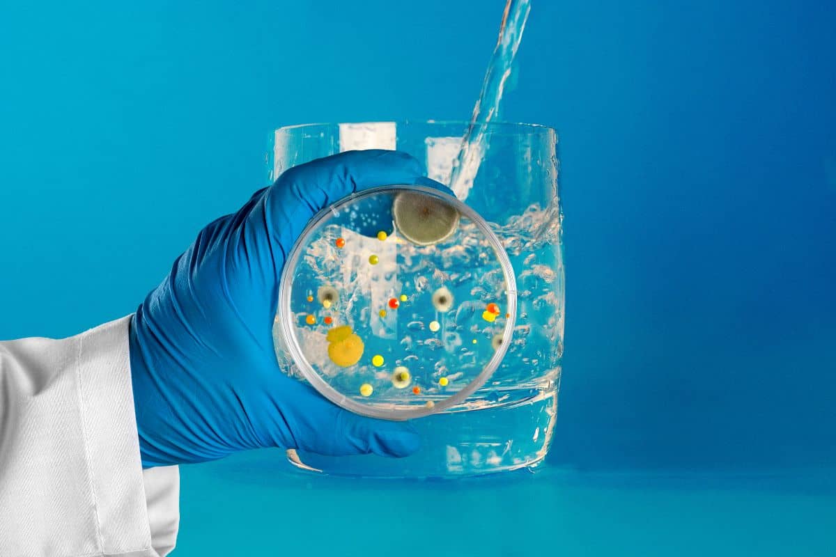 bicchiere acqua con mano scienziato che mostra vetrino batteri