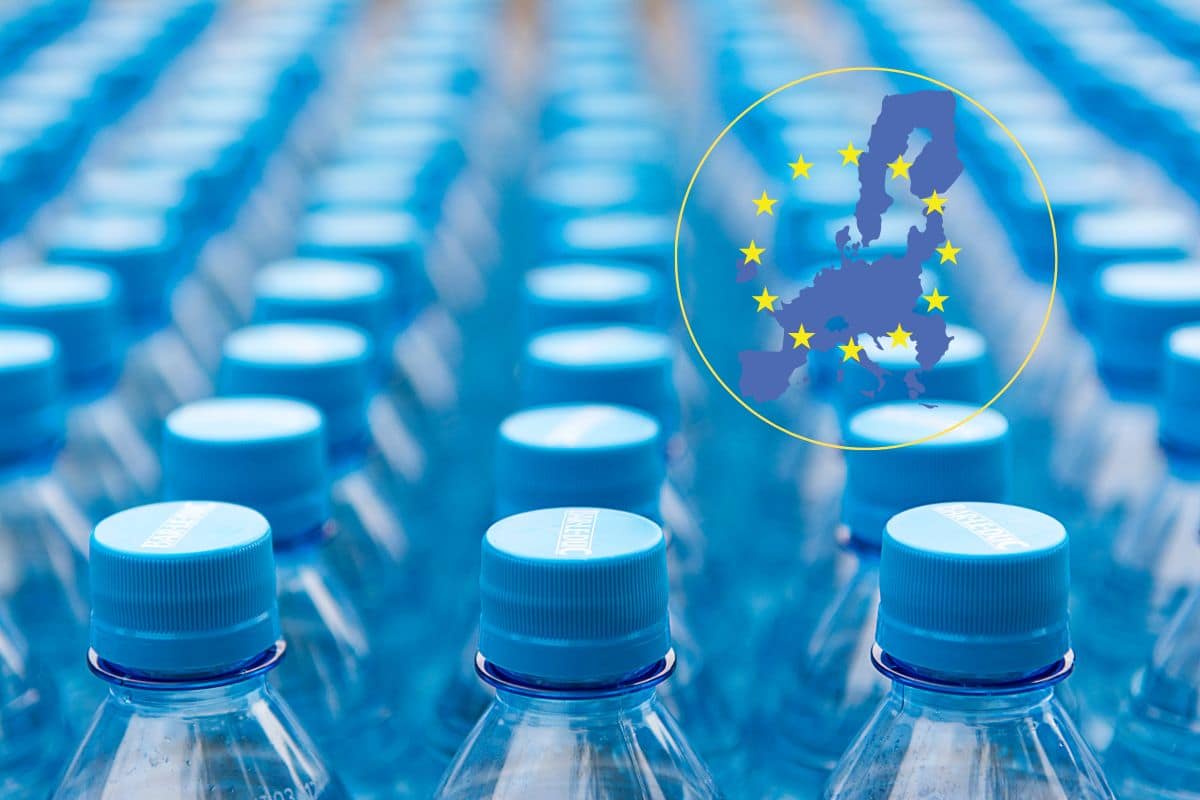 bottiglie di plastica tappi e disegno stilizzato europa