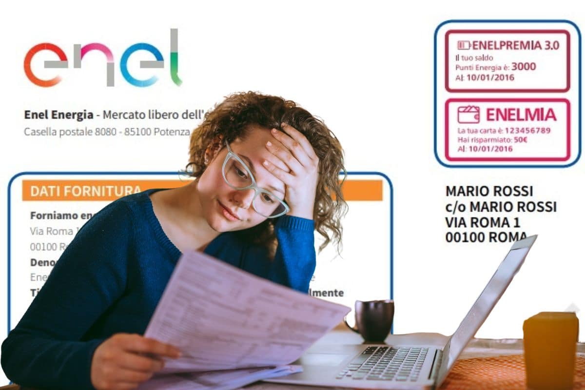 sullo sfondo una bolletta fac simile enel e in primo piano una donna che legge una bolletta preoccupata